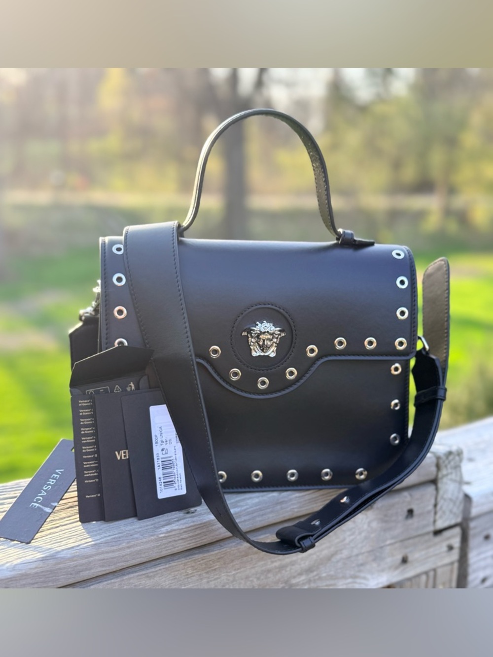 Versace La Medusa Studded Top Handle Crossbody Bag NWT Black Leather